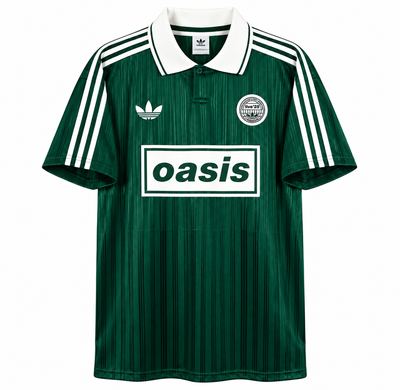 Green Oasis x Adidas Tour 3 Stripes jersey, with white collar and stripes and the Oasis logo box in white on the chest