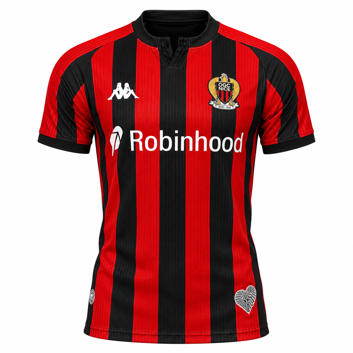 Camiseta local del OGC Niza con rayas verticales rojo y negro y Robinhood al pecho