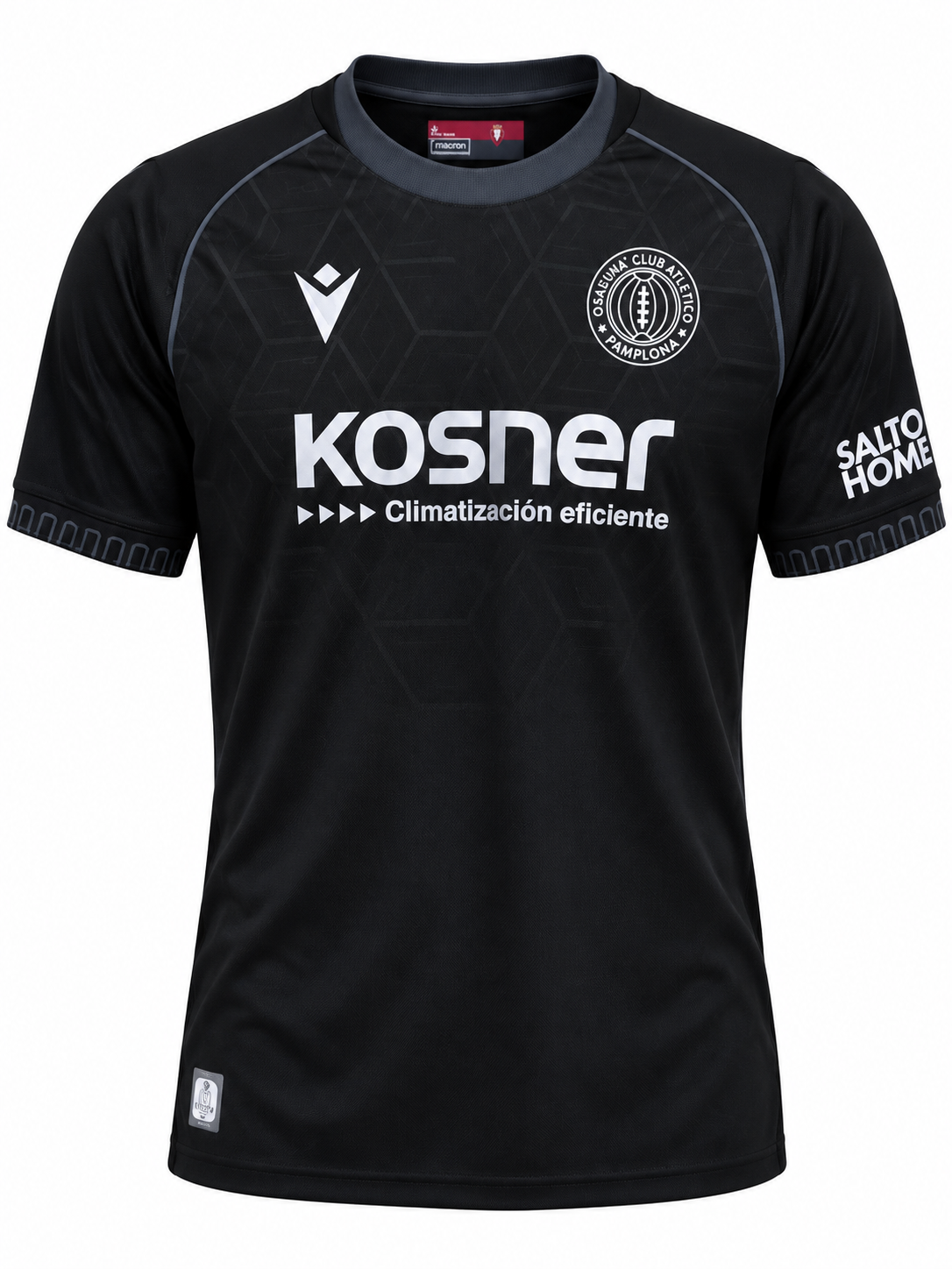 Camisa do CA Osasuna preta da Macron, com Kosner no peito e Salto Home na manga