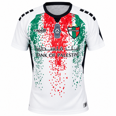 Camisa branca do Palestino com pixels vermelhos e verdes e Bank of Palestine no peito