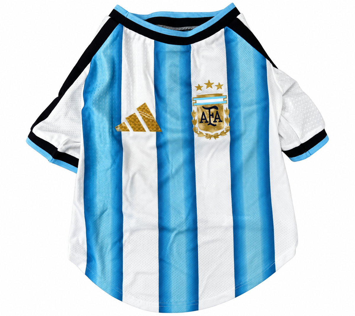 Camisa para cachorro da Argentina, listras celestes e brancas com escudo dourado da AFA