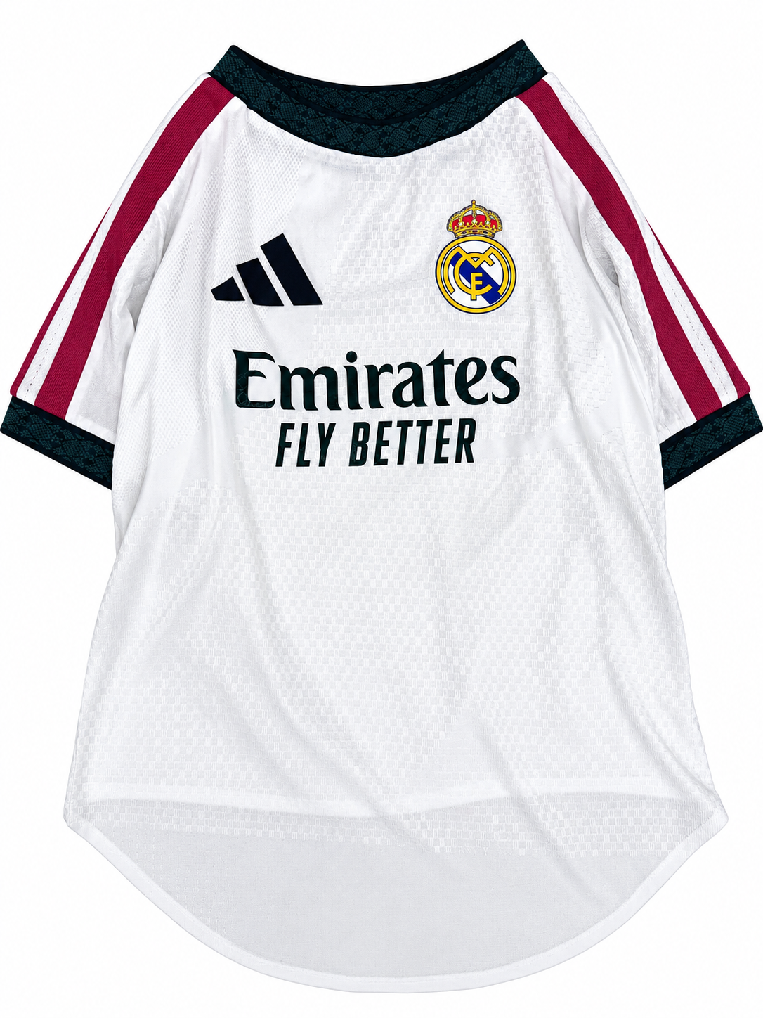 Real Madrid white dog jersey with maroon stripes and Emirates on the chest