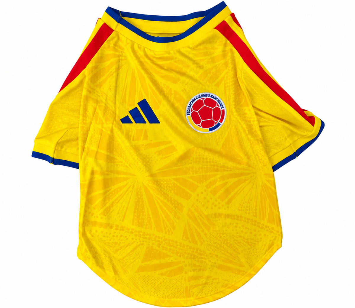 Colombia national team dog jersey, yellow with red shoulder stripes