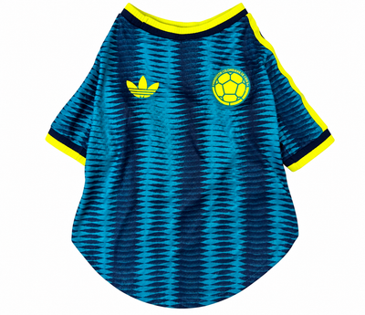 Camiseta para perro de la Selección Colombia azul retro con rombos y trébol de Adidas