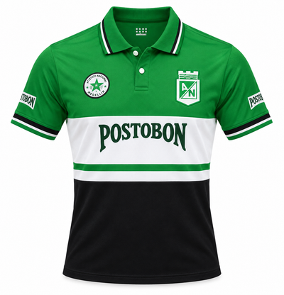 Camisa polo do Atlético Nacional verde, branca e preta, com gola polo, escudo e Postobón no peito e nas mangas