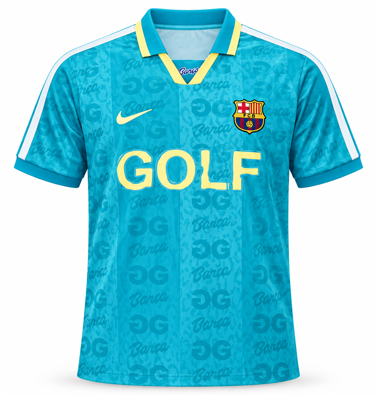 Camiseta polo del FC Barcelona celeste de la línea GOLF, con cuello amarillo y patrón «Barça»