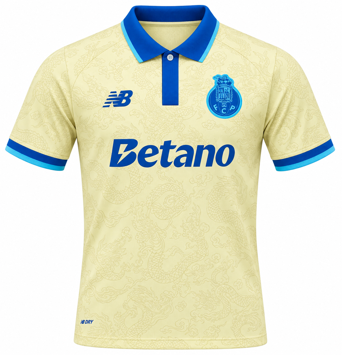 Camiseta del FC Porto amarilla crema tipo polo, con cuello azul y Betano en azul