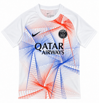 Camiseta pre partido del PSG blanca con trazos azules y rojos en el pecho