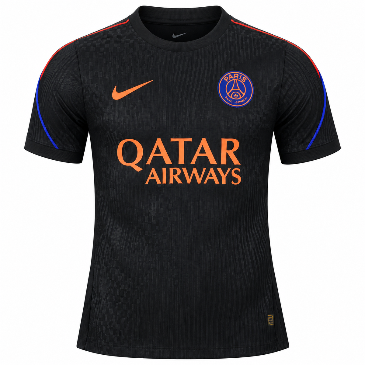 PSG black jersey with the sponsor in orange and blue and red trims