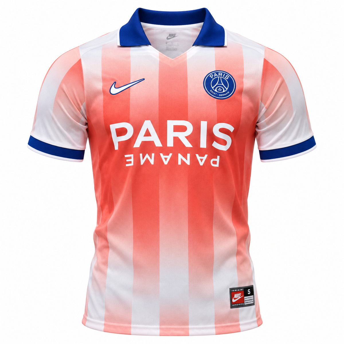 Camiseta del PSG edición especial con rayas coral en degradado, PARIS PANAME y cuello polo azul