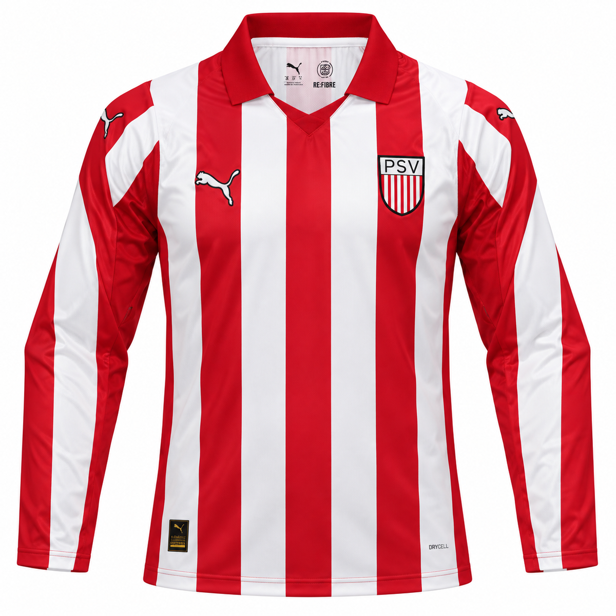 Camisa de manga longa do PSV em homenagem a Coen Dillen, listrada de vermelho e branco com gola