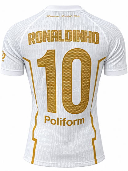 Costas da camisa branca do Ravenna FC com RONALDINHO e o 10 estampados em dourado