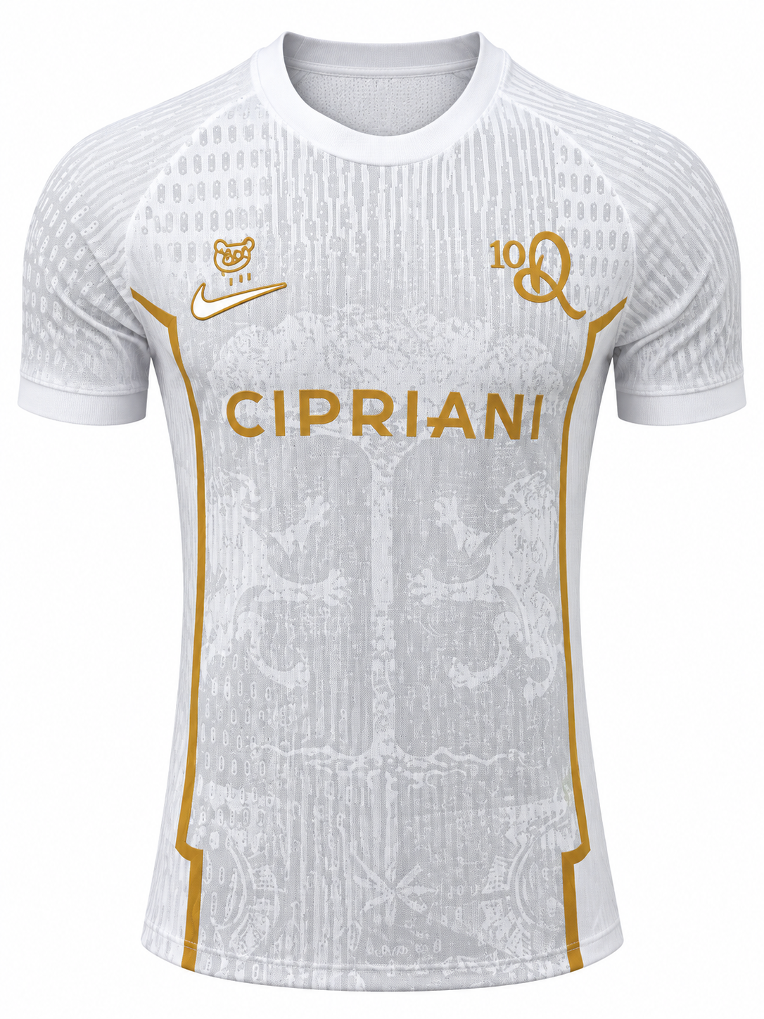 Frente da camisa branca do Ravenna FC de Ronaldinho pela Cipriani, com CIPRIANI em dourado no peito e frisos dourados nas laterais