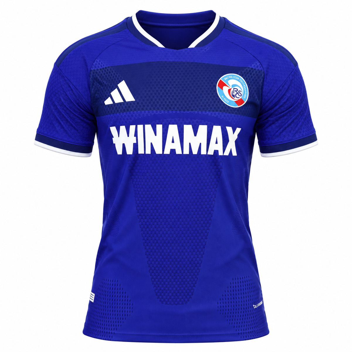 Camiseta local del RC Estrasburgo azul rey con WINAMAX al pecho y cuello en V blanco