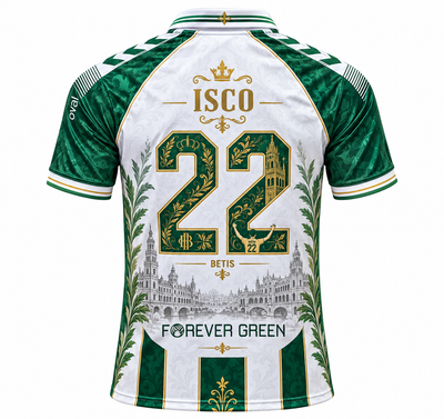Espalda de la camiseta del Betis con ISCO y el 22 entre laureles y FOREVER GREEN