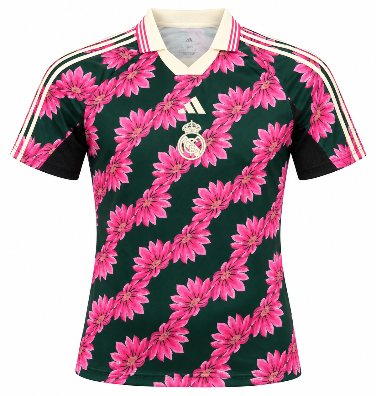 Camiseta del Real Madrid verde oscuro con flores rosadas en diagonal y cuello polo crema