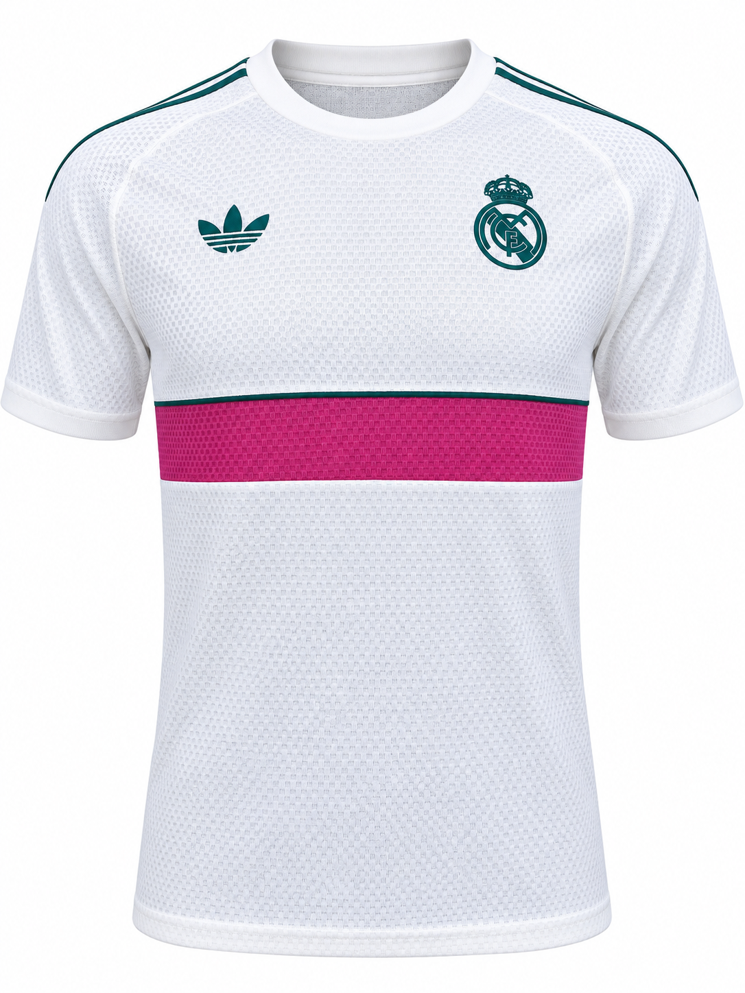 Camiseta retro del Real Madrid blanca de malla, con franja fucsia y escudo verde oscuro