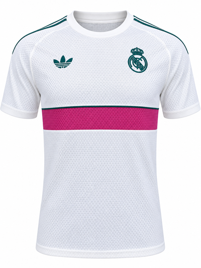 Camiseta retro del Real Madrid blanca de malla, con franja fucsia y escudo verde oscuro