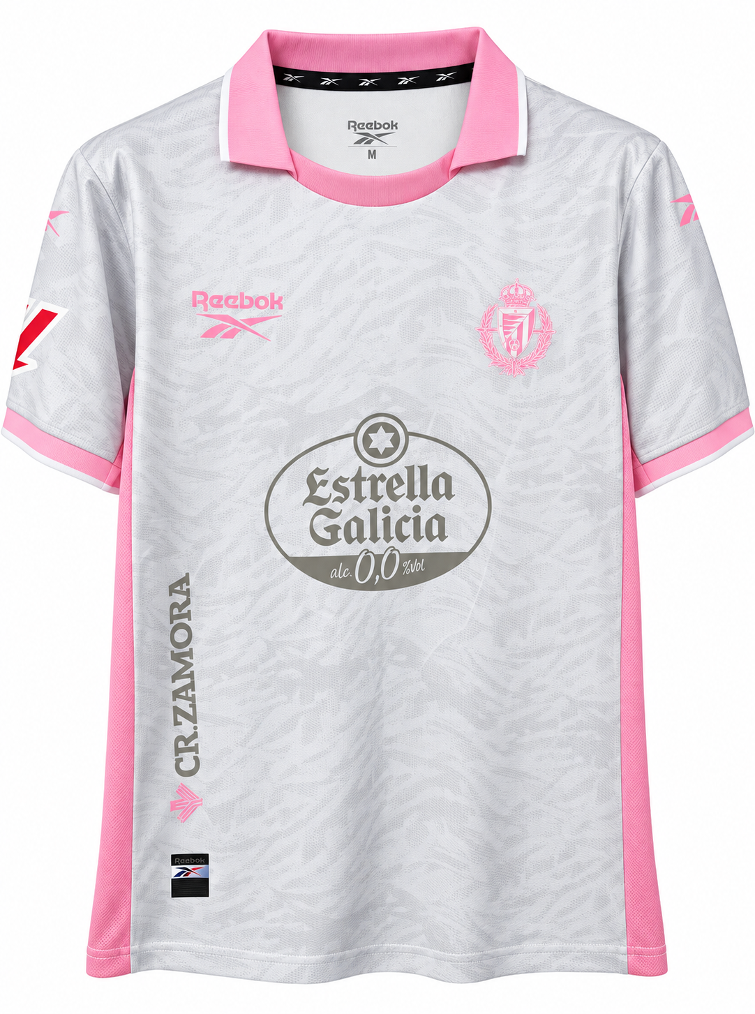 Camiseta del Real Valladolid blanca con cuello polo rosado y el escudo en rosado