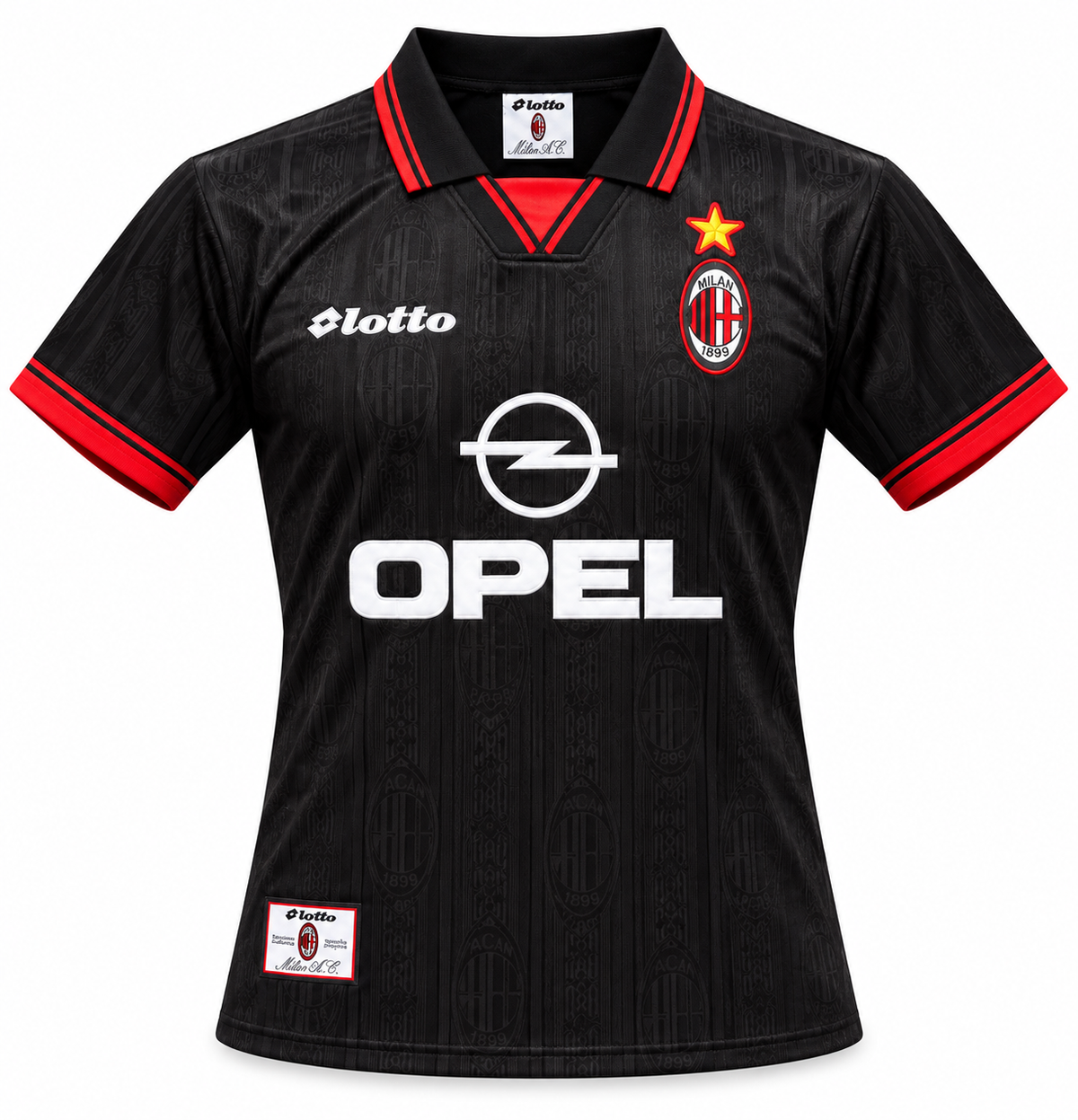 Camiseta retro negra del AC Milan 1996/97 vista de cerca, con la estrella dorada sobre el escudo