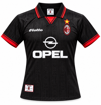 Camiseta retro negra del AC Milan 1996/97 vista de cerca, con la estrella dorada sobre el escudo