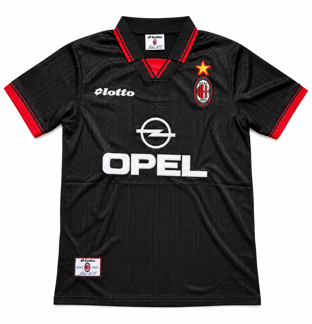 Camiseta retro negra del AC Milan 1996/97 con cuello polo rojo, Lotto y Opel en blanco