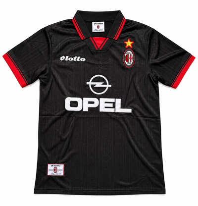 Camiseta retro negra del AC Milan 1996/97 con cuello polo rojo, Lotto y Opel en blanco