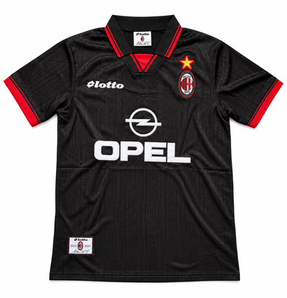 Camiseta retro negra del AC Milan 1996/97 con cuello polo rojo, Lotto y Opel en blanco