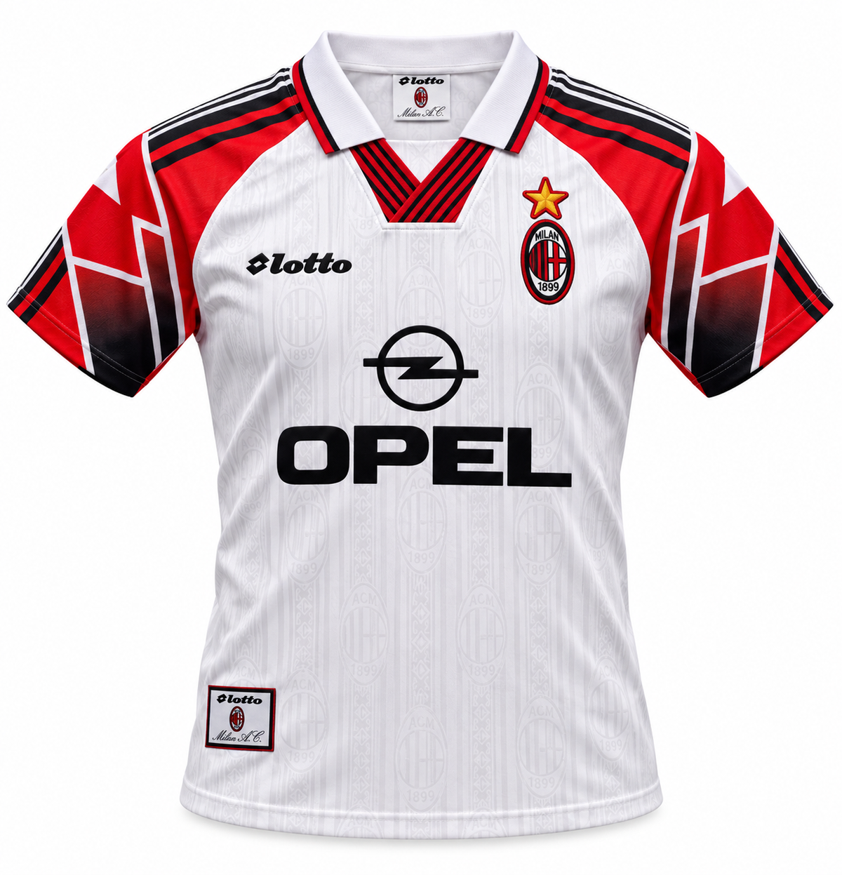 Camiseta retro blanca del AC Milan 1997/98 con mangas rojas y negras en zigzag, Lotto y Opel