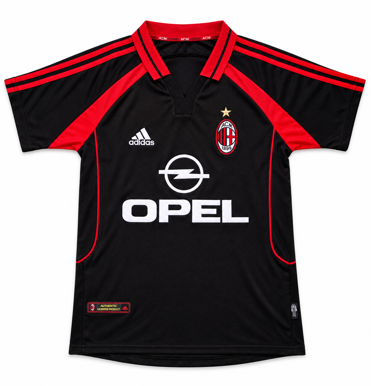 Camiseta retro del AC Milan negra con hombros rojos, Adidas y Opel en blanco