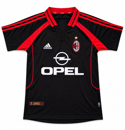 Camiseta retro del AC Milan negra con hombros rojos, Adidas y Opel en blanco