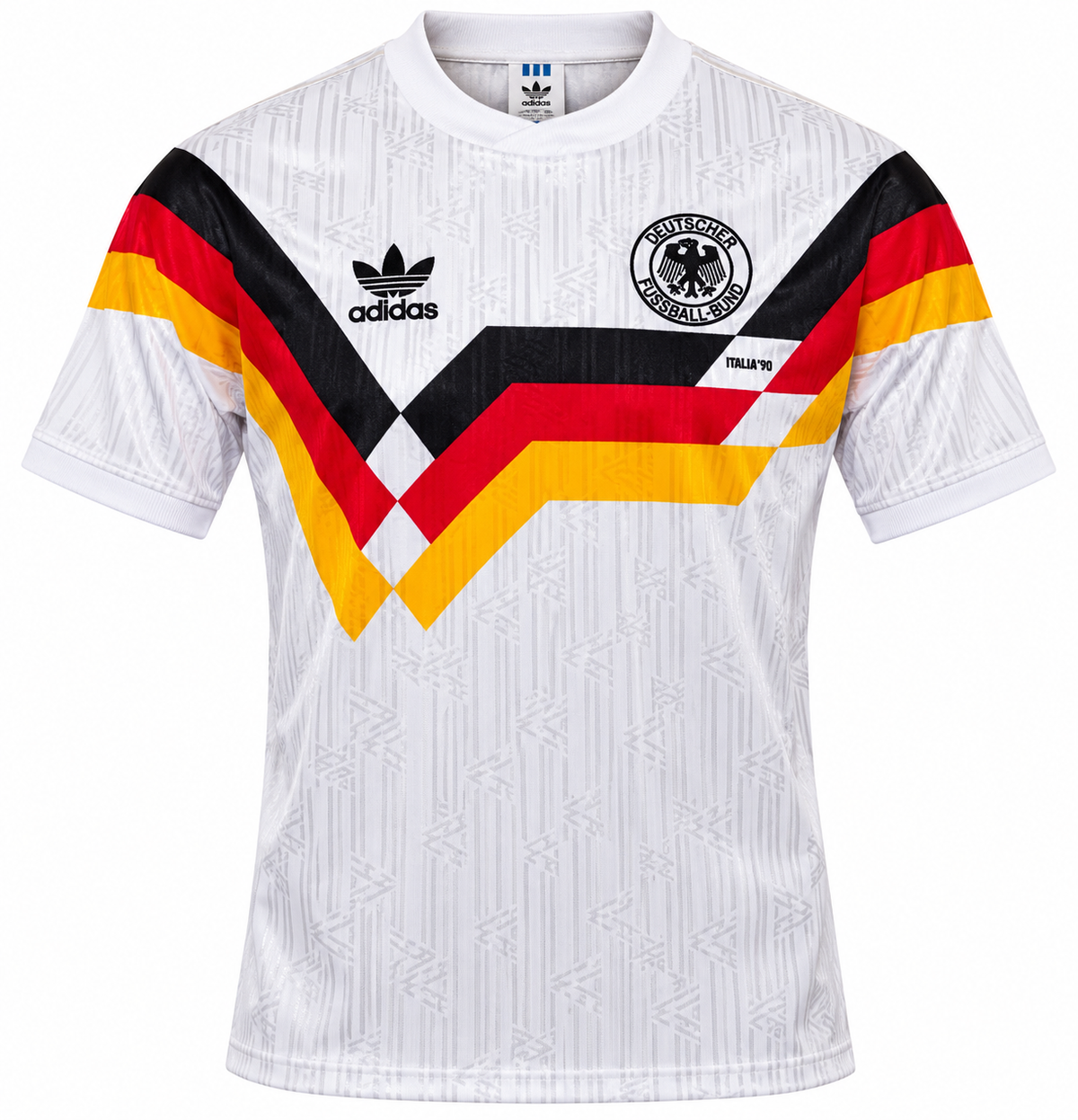 Camisa retrô da Alemanha 1990 da Adidas branca com a faixa preta, vermelha e amarela em V