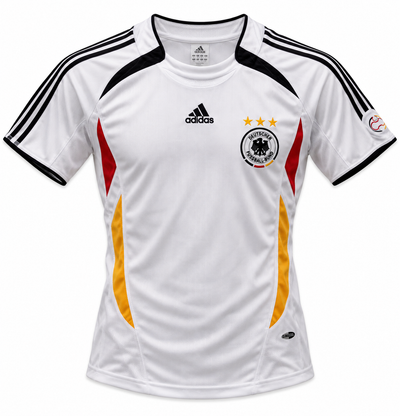 Camisa retrô branca da Alemanha 2006 com listras pretas, vermelho e amarelo nas laterais e três estrelas