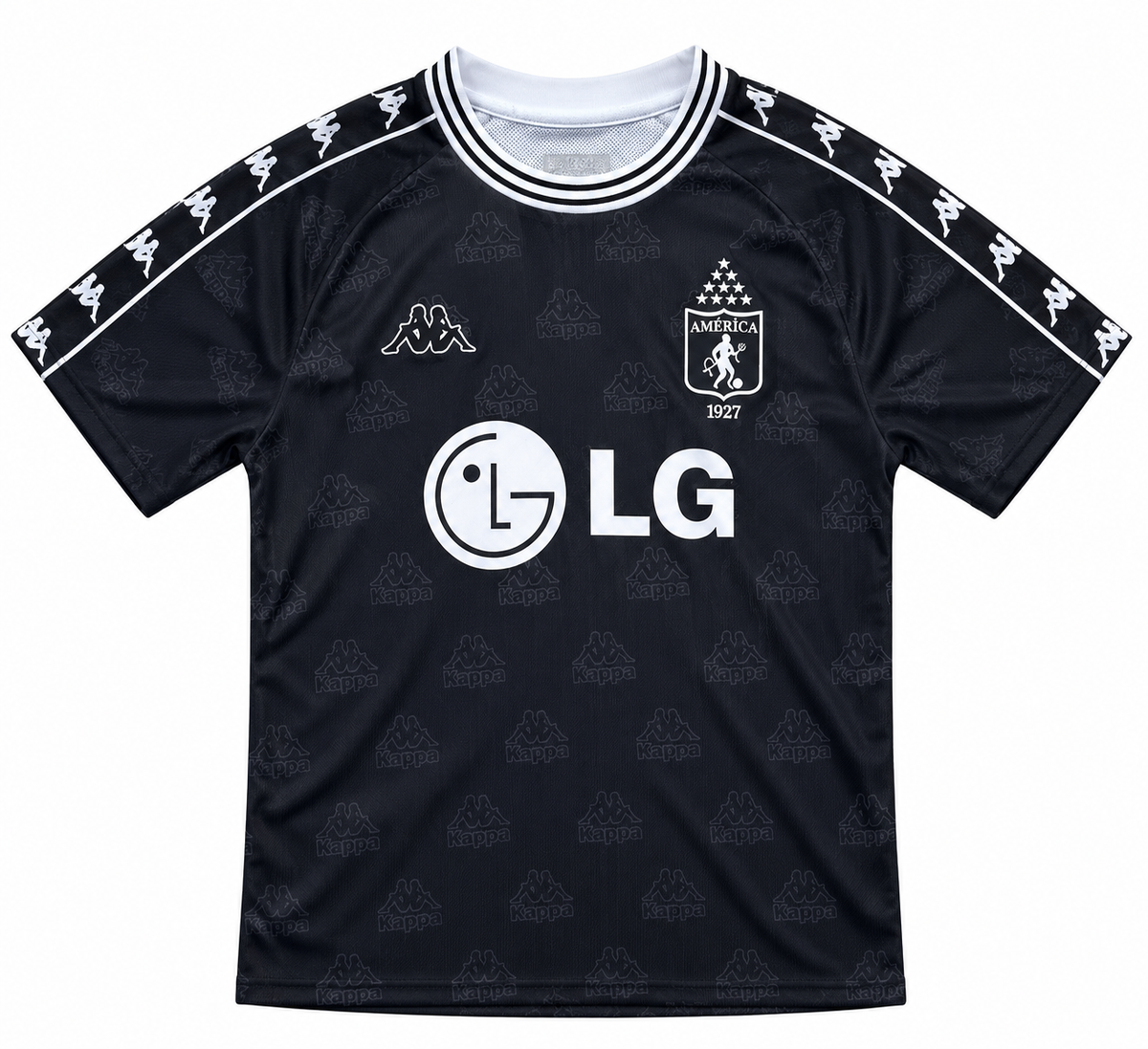 Front of the black América de Cali 2001 retro jersey by Kappa, with white LG and a tonal Kappa logo print