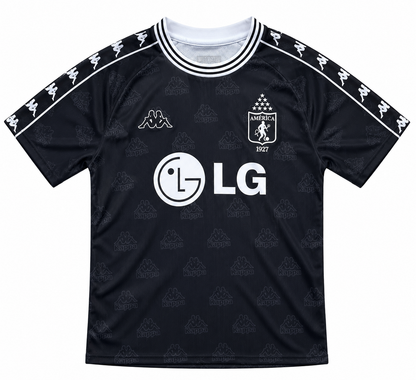 Front of the black América de Cali 2001 retro jersey by Kappa, with white LG and a tonal Kappa logo print