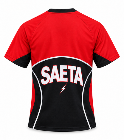Costas da camisa retrô vermelha e preta do América de Cali com SAETA e o raio, sem nome nem número
