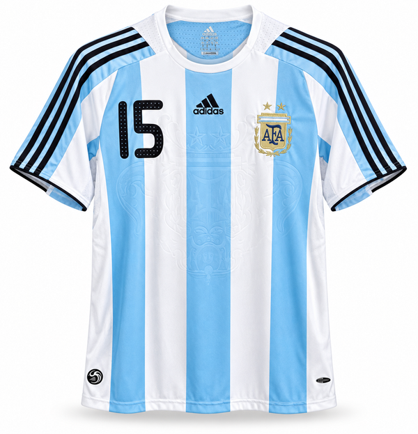 Front of the Argentina 2008 retro jersey with the 15 on the chest and three black stripes on the sleeves