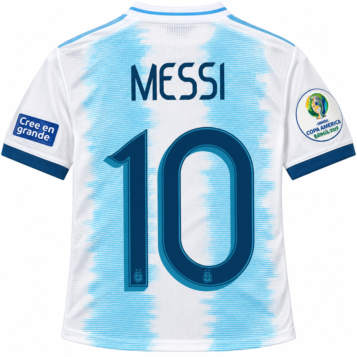 Outra vista das costas da camisa retrô da Argentina 2019 com MESSI 10 e os patches das mangas