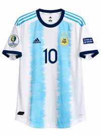 Front of the Argentina 2019 retro jersey with the 10, navy collar and the Copa América Brasil 2019 patch