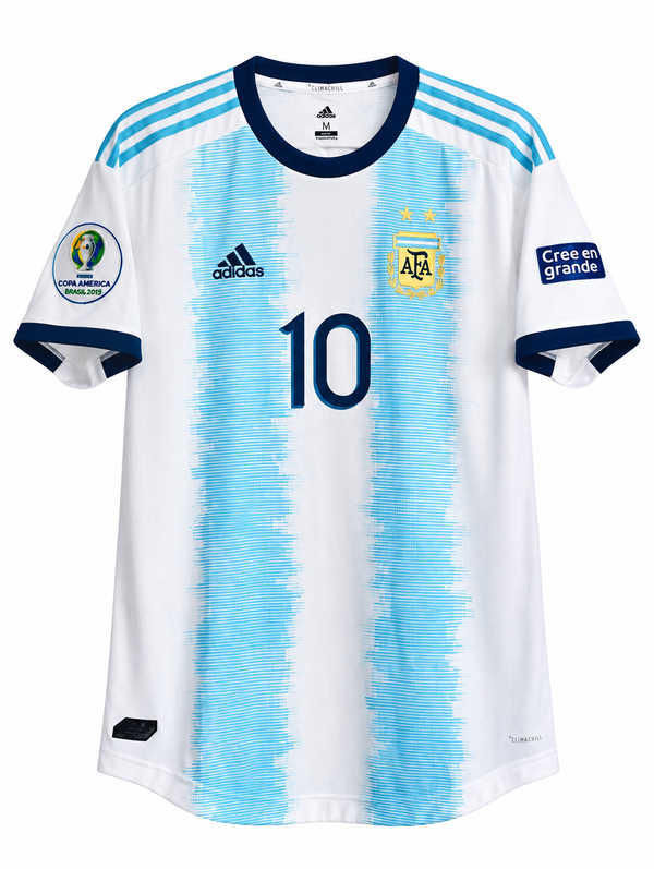 Front of the Argentina 2019 retro jersey with the 10, navy collar and the Copa América Brasil 2019 patch