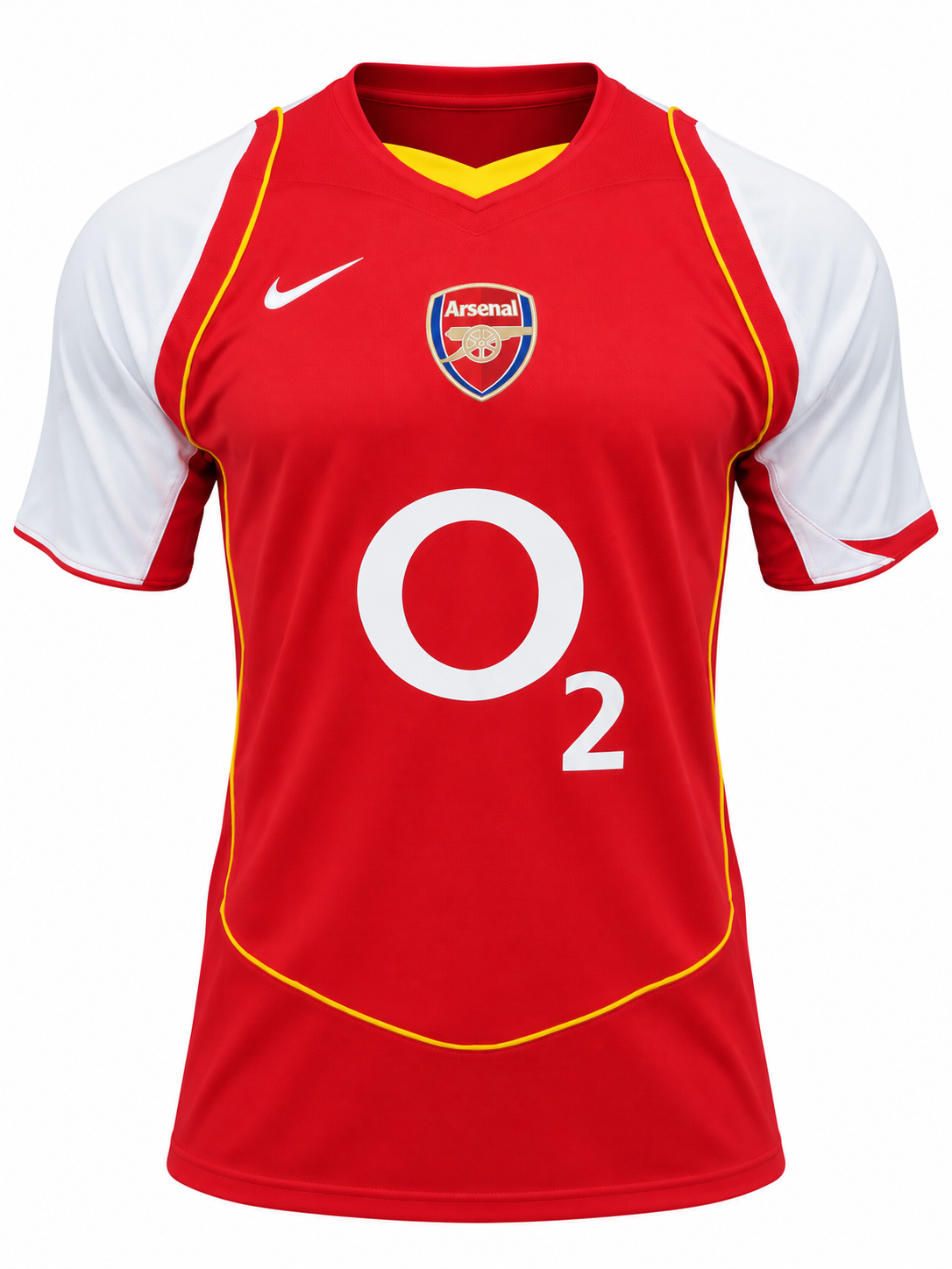 Camisa retrô Arsenal 2004-05 titular vermelha com mangas brancas e O2