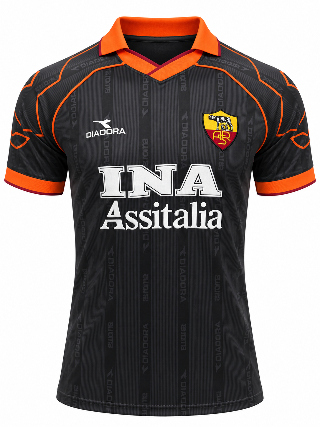 Retro AS Roma Diadora black jersey with orange and INA Assitalia