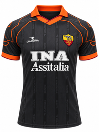 Camiseta retro AS Roma Diadora negra con naranja e INA Assitalia
