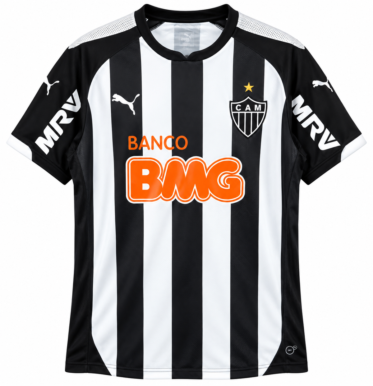Camiseta retro del Atlético Mineiro 2014 a rayas negras y blancas, con Banco BMG en naranja y MRV en las mangas