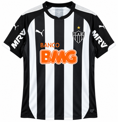Camiseta retro del Atlético Mineiro 2014 a rayas negras y blancas, con Banco BMG en naranja y MRV en las mangas