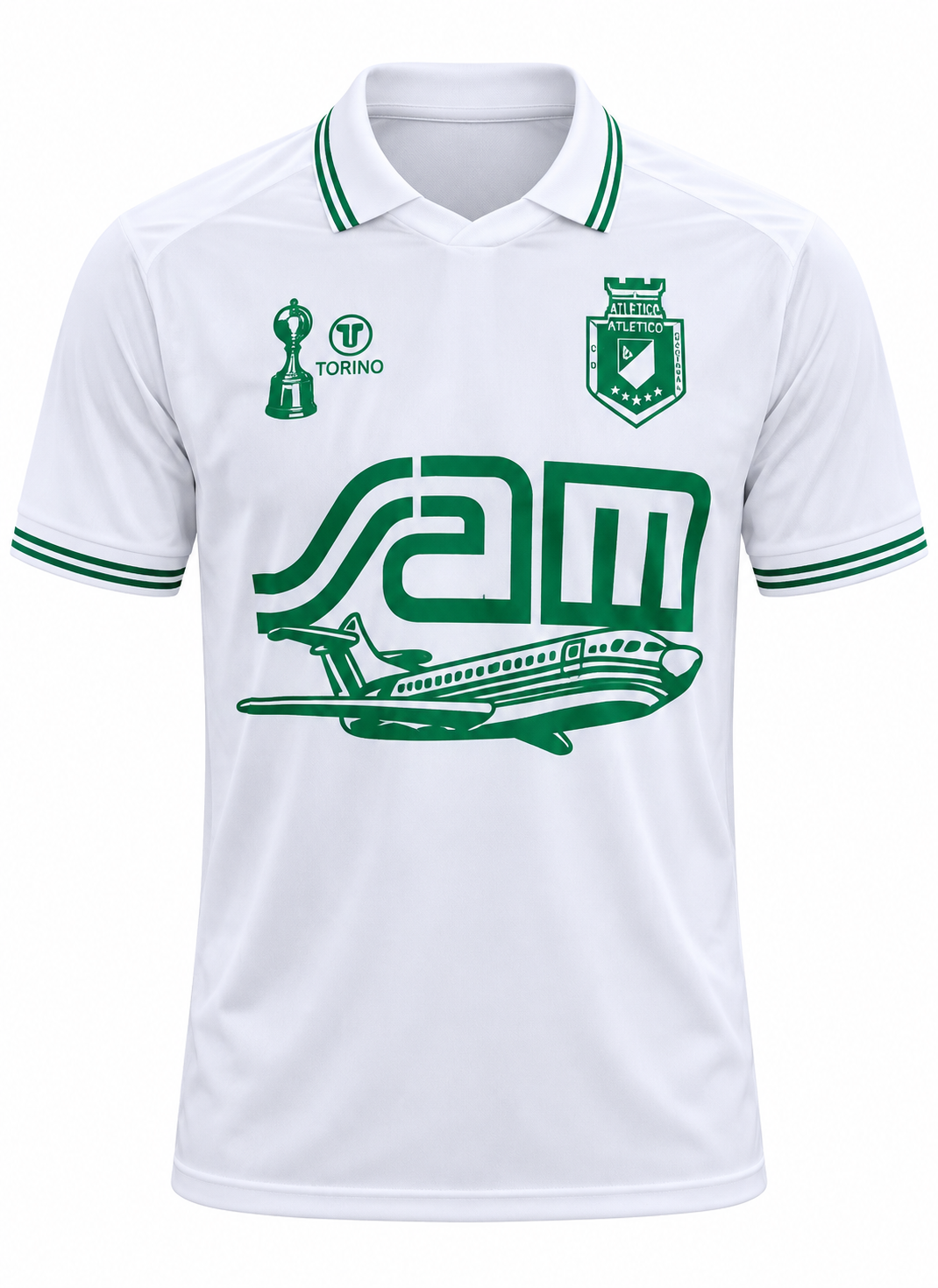 Camiseta retro blanca de Atlético Nacional 1991 con el logo verde de SAM y el parche de la Libertadores, foto de estudio