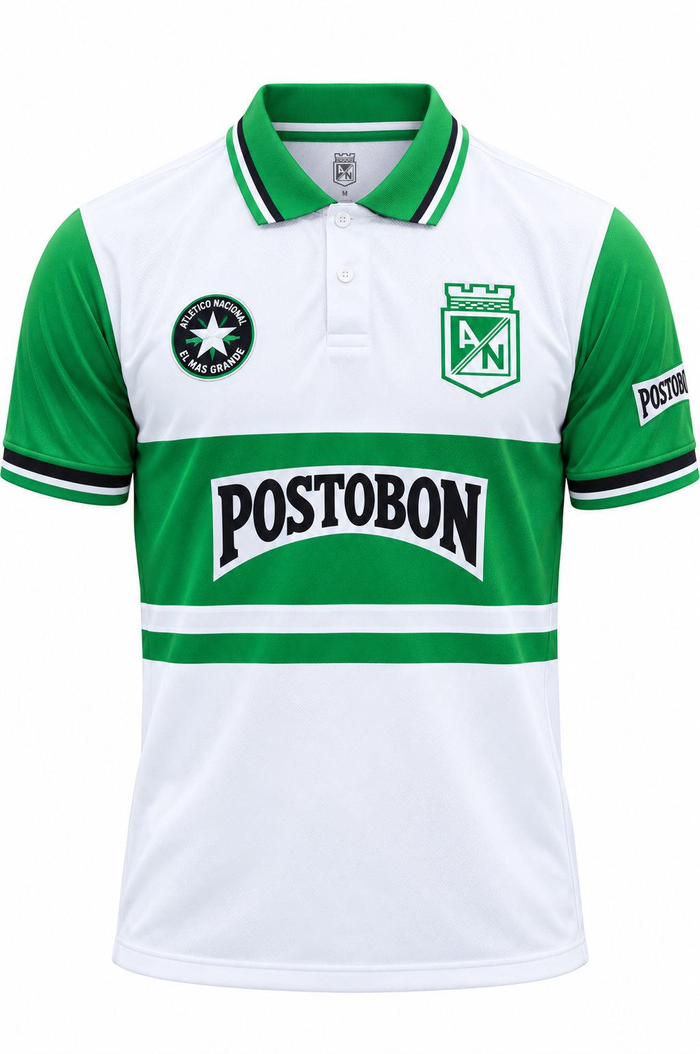 Camiseta retro blanca de Atlético Nacional con mangas verdes y franja verde con Postobón, foto de estudio