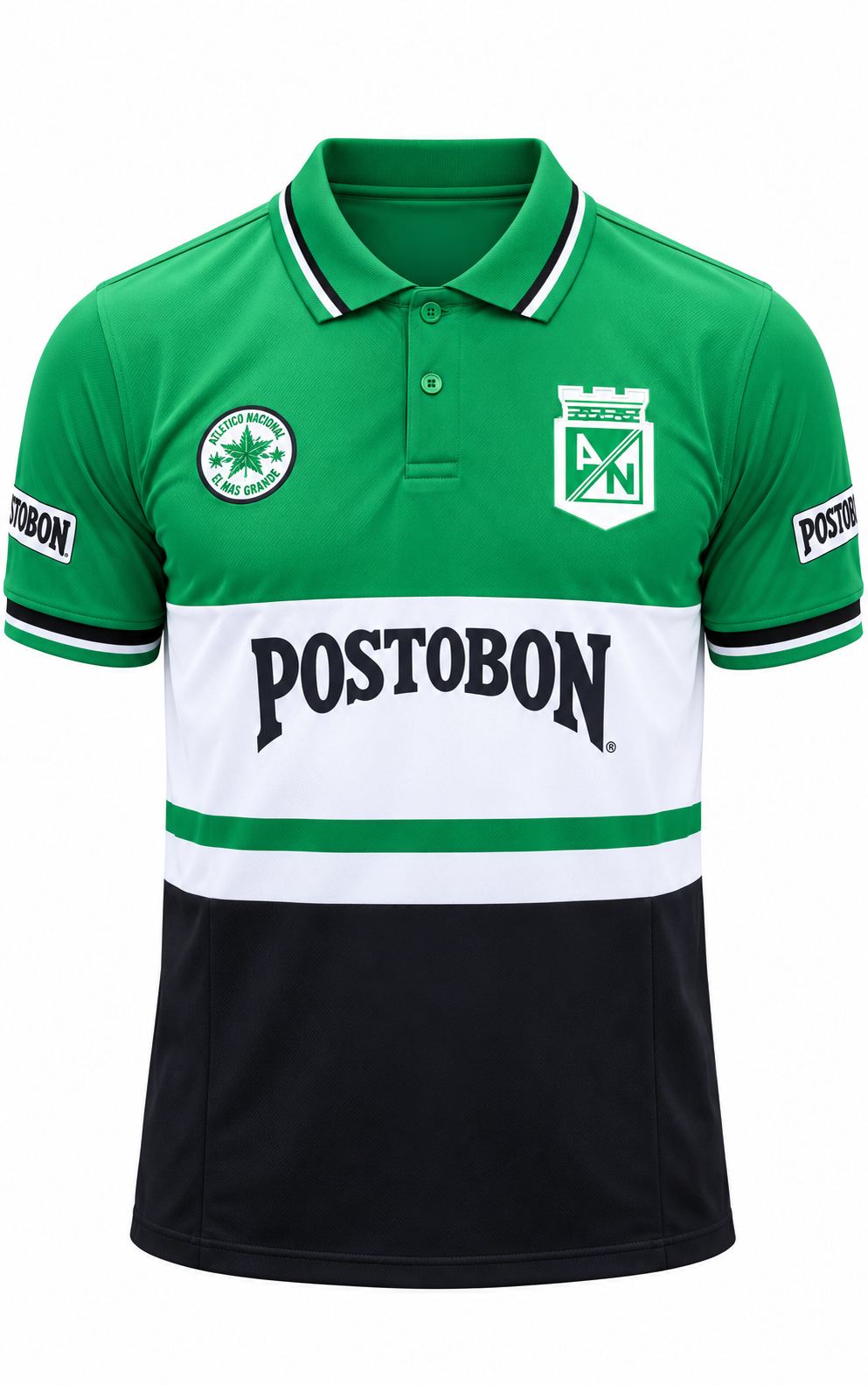 Camiseta retro de Atlético Nacional verde arriba, franja blanca con Postobón y negra abajo, foto de estudio