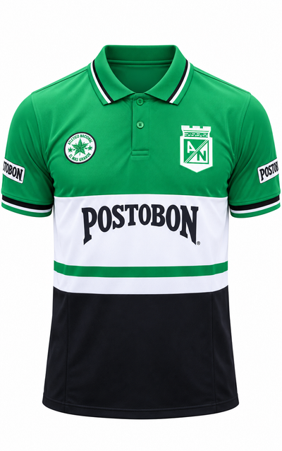 Camiseta retro de Atlético Nacional verde arriba, franja blanca con Postobón y negra abajo, foto de estudio