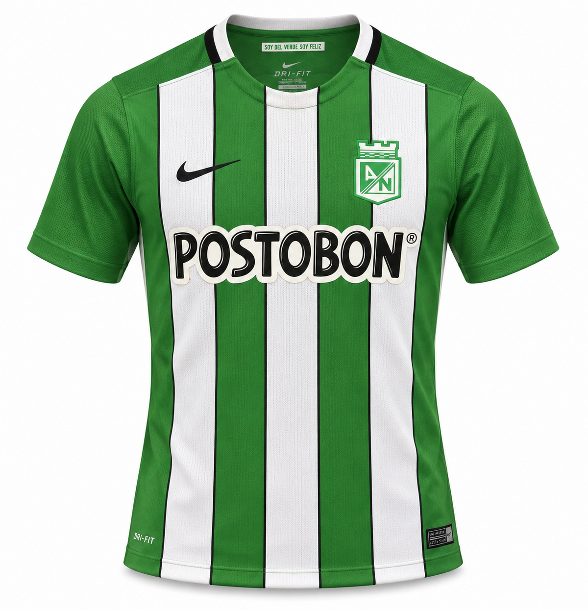 Front of the Atlético Nacional 2016 retro jersey, Copa Libertadores champion, green and white stripes, Nike and Postobón